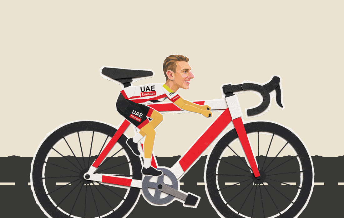 Tadej Pogačar pedalling, paper collage